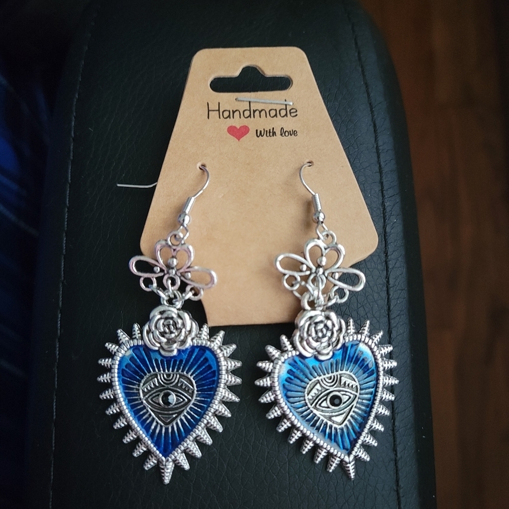 Spiked Blue Heart Eye Rose Handmade Earrings Punk Goth Emo Dangle Gothic - Picture 10 of 13